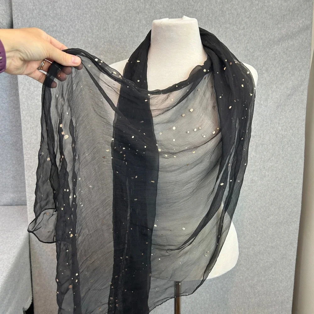 Eileen Fisher Sheer Silk Scarf Black Foil Sprinkled Crinkle Silk Gold Silver NEW